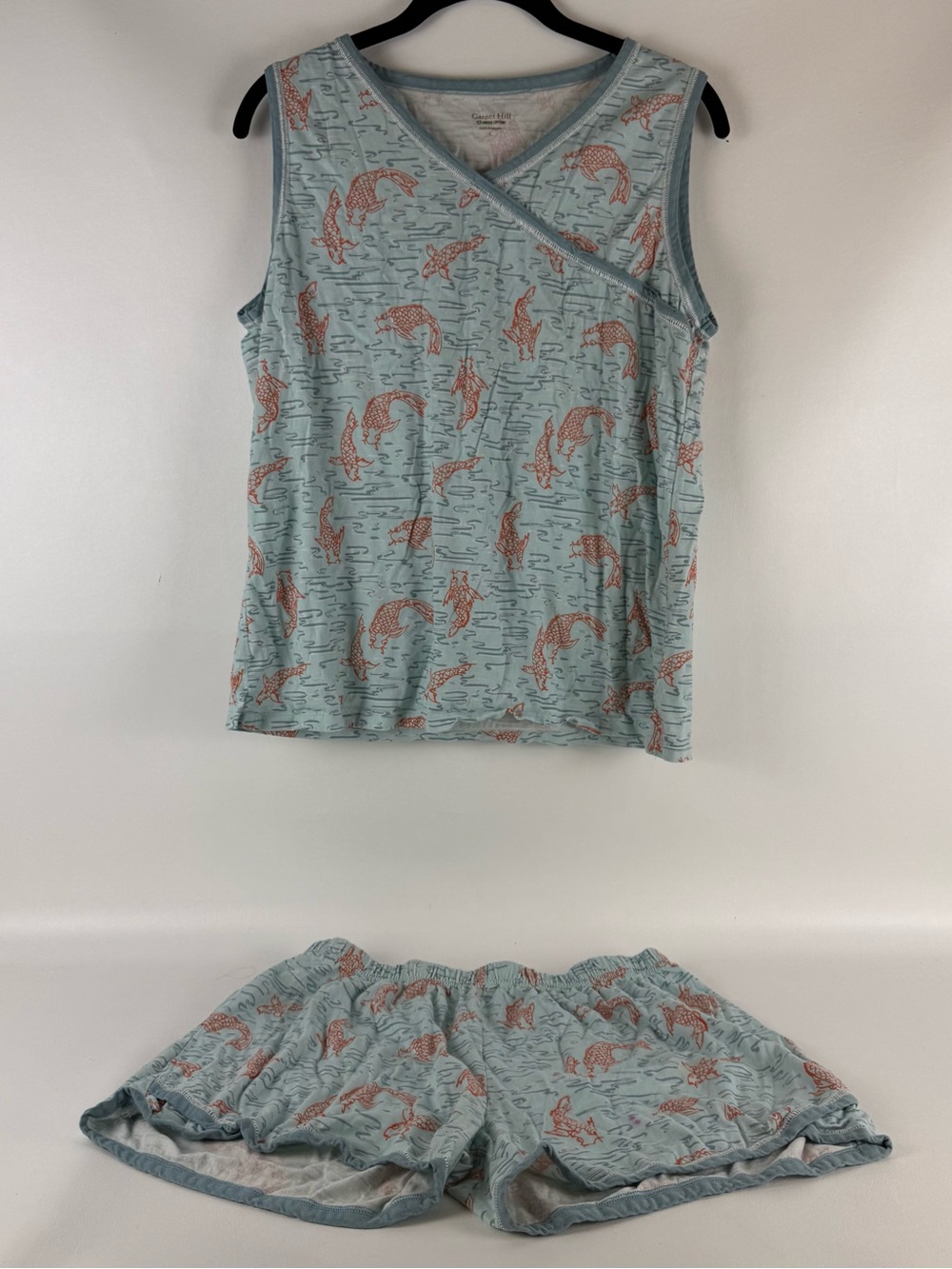 Garnet Hill Green Cotton Koi Fish Pajama Set L Blue Orange Cami Shorts